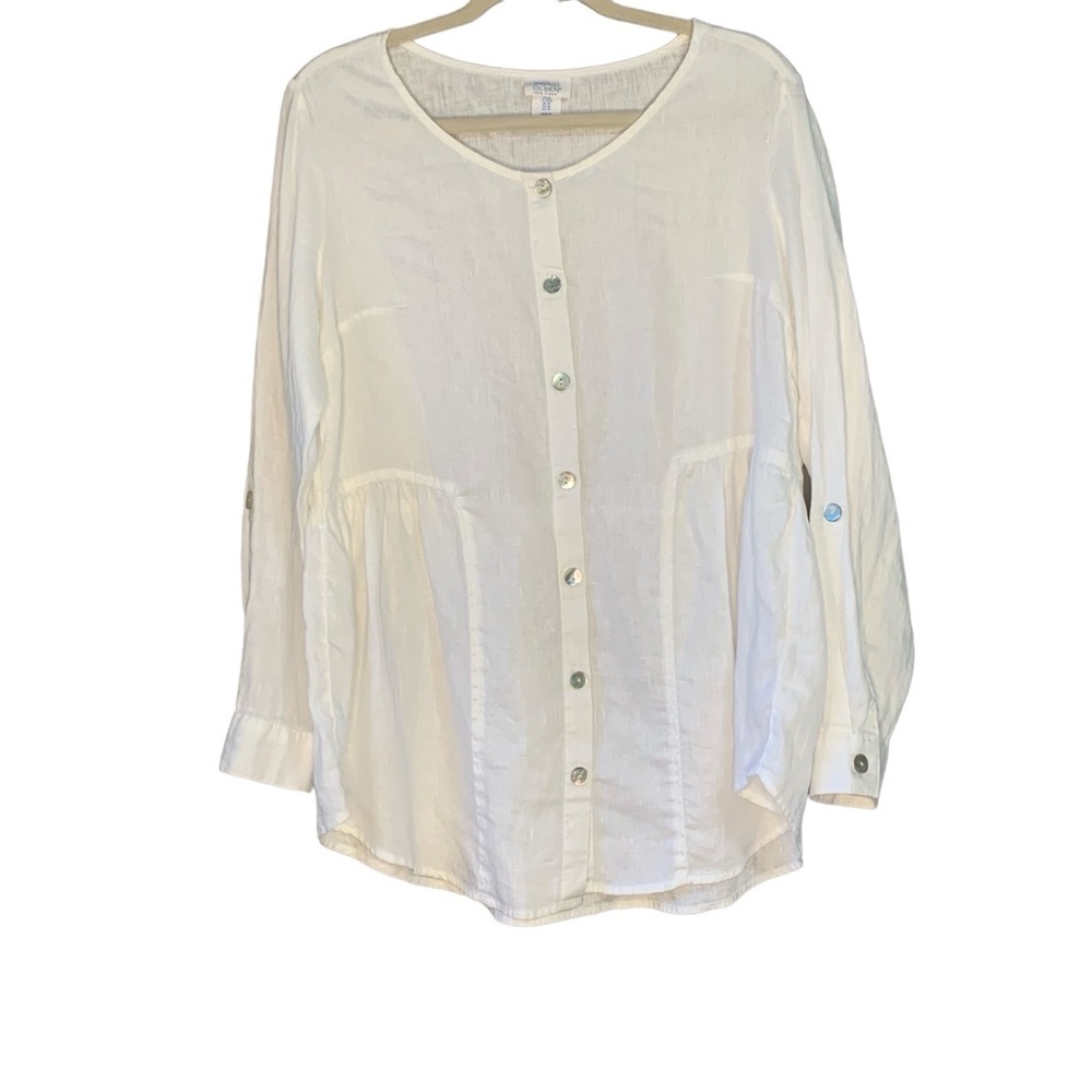 Sigrid Olsen white linen Pearl button down long sleeve blouse. Size M‎